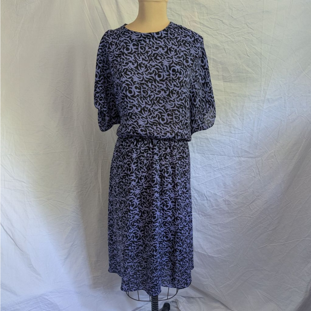 Vtg Ifi Purple & Black Vine Print Blouson Short Sleeve Midi Dress Women's 18 Euc